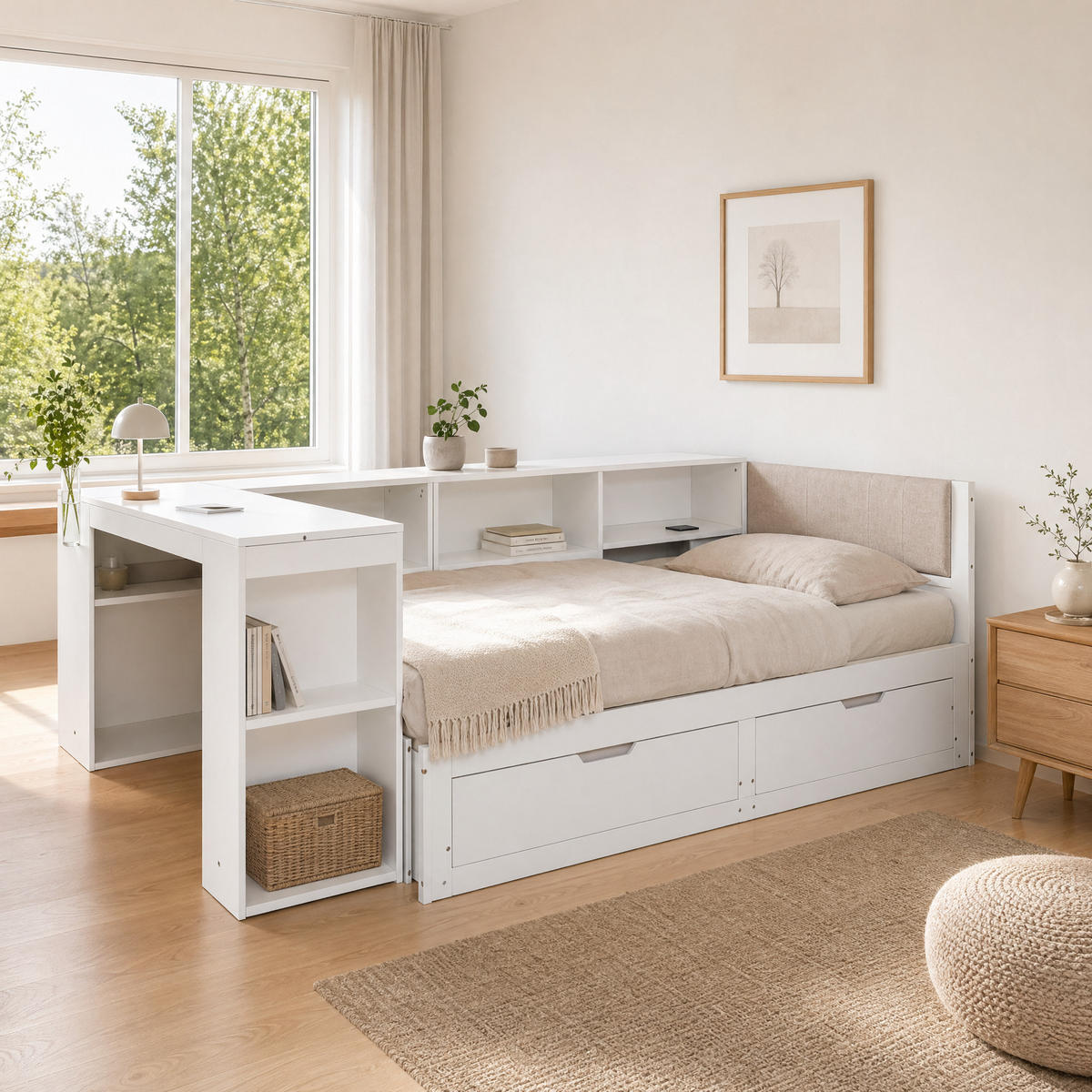 BETTANLAGE 90/200 cm in Mattweiß mit Schreibtisch, Schubladen und Steckdose - Weiß, Holzwerkstoff/Metall (90/200cm) - WISHDOR