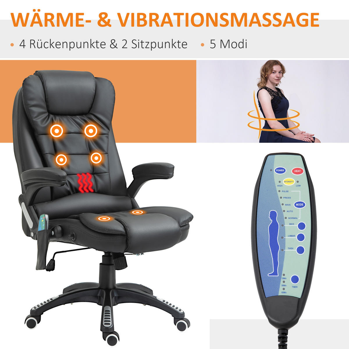 MASSAGESESSEL Bürostuhl Drehstuhl mit Wärmefunktion Chefsessel Bürosessel - Schwarz, Kunststoff (70/121/70cm) - HOMCOM