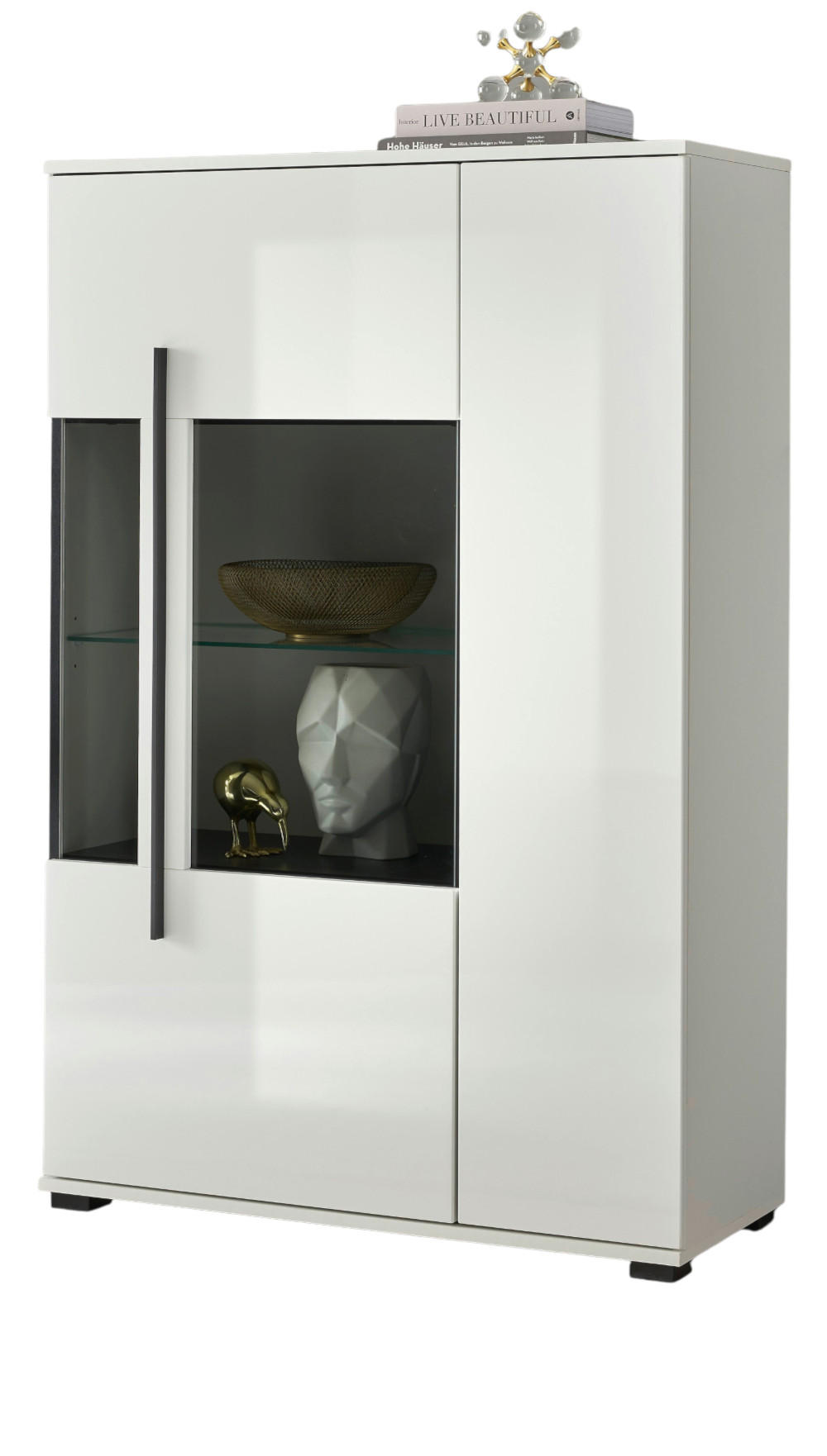 HIGHBOARD weiß Hochglanz 90 cm, Kommode mit 8 Fächern - Weiß Hochglanz/Schwarz, Glas/Holzwerkstoff (90/140/37cm) - Furn.Design