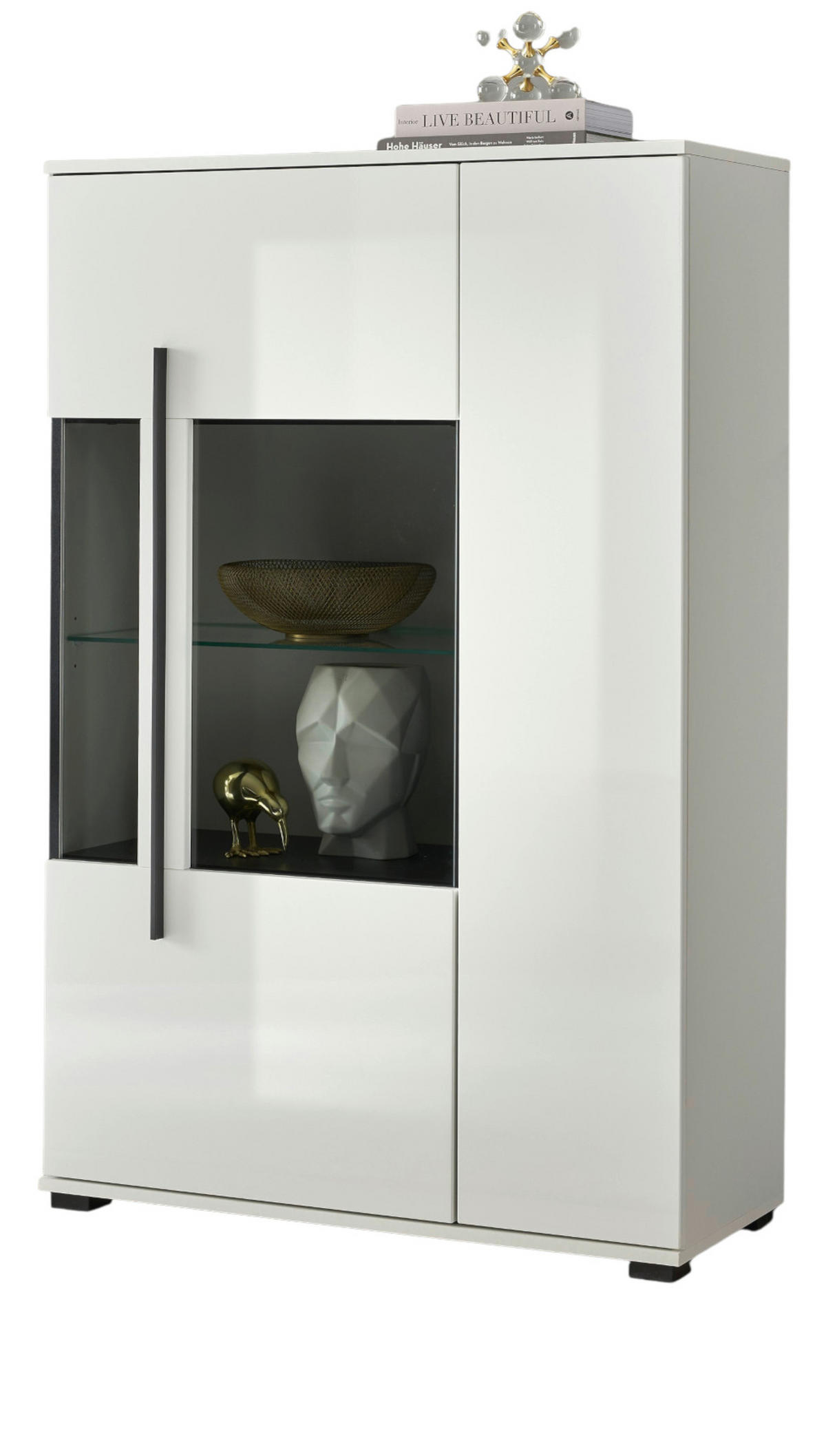 HIGHBOARD weiß Hochglanz 90 cm, Kommode mit 8 Fächern - Weiß Hochglanz/Schwarz, Glas/Holzwerkstoff (90/140/37cm) - Furn.Design