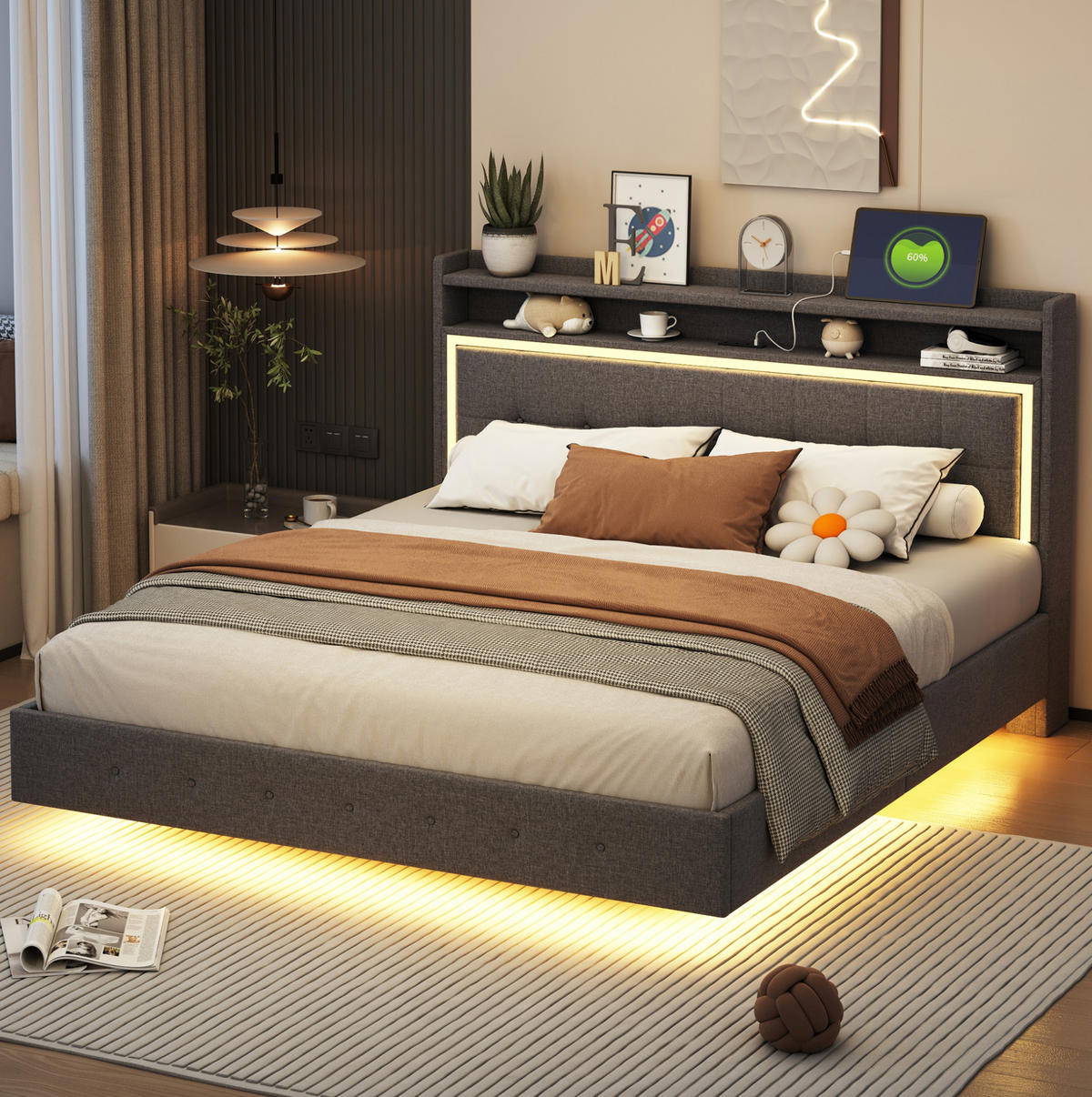 POLSTERBETT mit USB und LED 160x200 cm Grau - Grau, Metall (160/200cm) - Meubliv