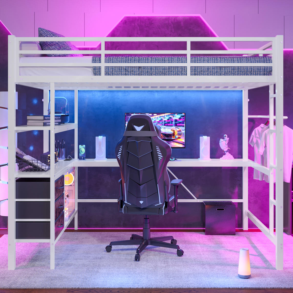 HOCHBETT 140/200 cm aus Metall/MDF mit Schreibtisch, LED-Beleuchtung und Stauraum Weiß - Weiß, Metall (140/200cm) - Modenvie