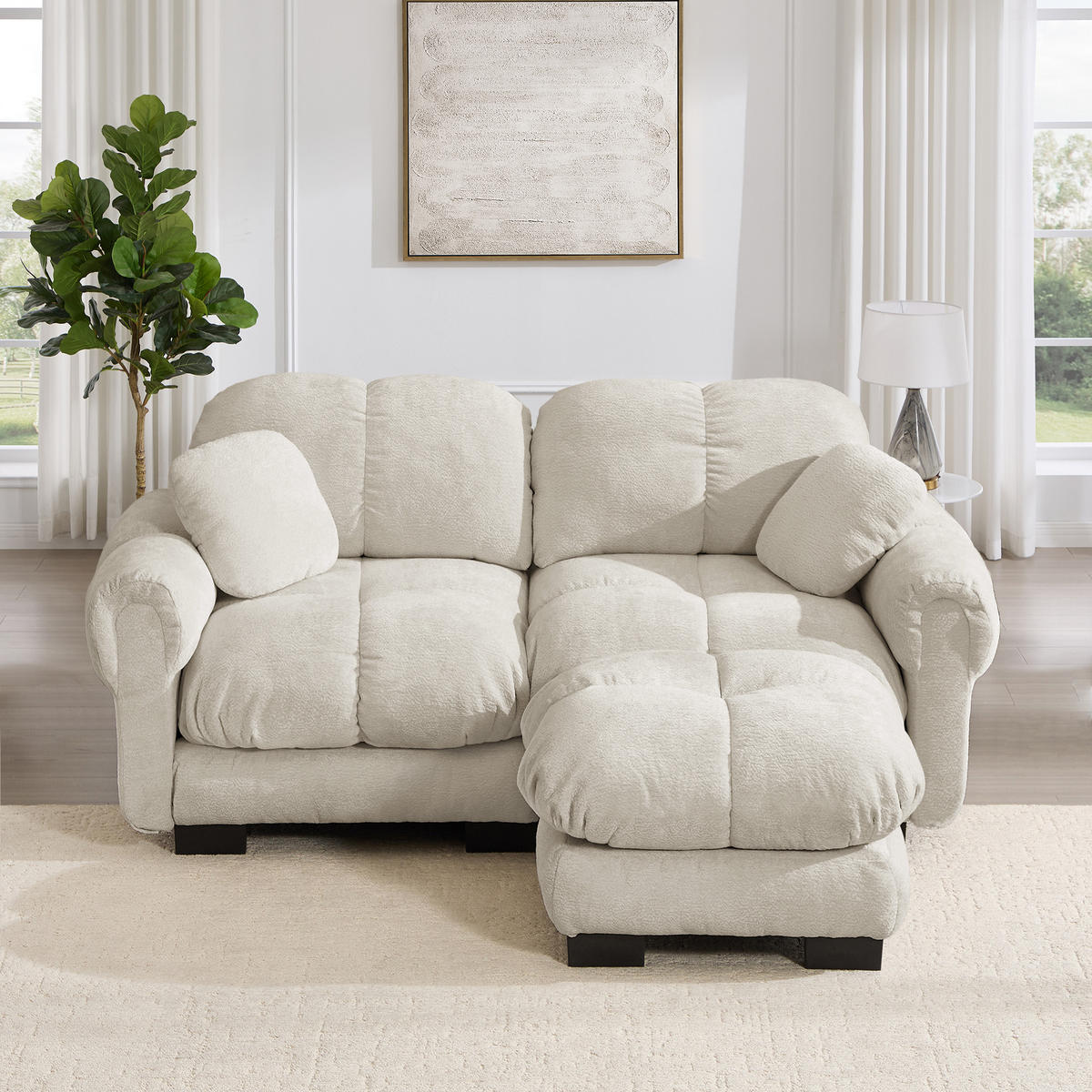 ECKSOFA DE-34384 L-Form mit Steppdesign und Ottoman Hellkhaki - Sandfarben, Textil (149/190cm) - ComfortXL