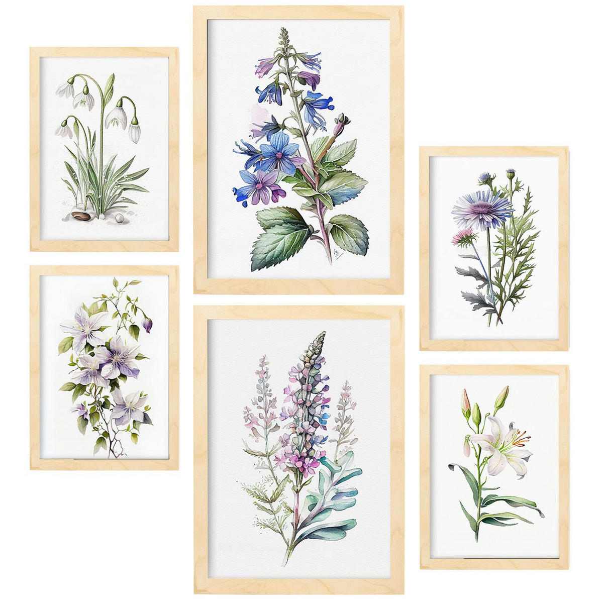 POSTER Set Mit 6 Botanische Lilien Größe A3 & A4 Rahmen aus hellem Holz - Beige, Papier (29.7/1cm) - Nacnic