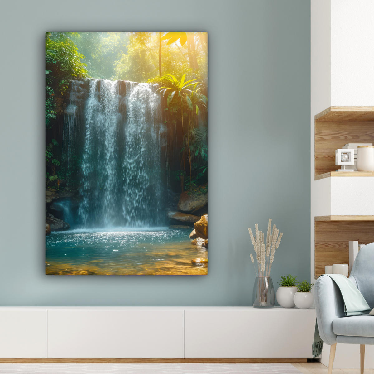 LEINWANDBILD Wasserfall - Dschungel - Sonne - Grün - Natur Deko Groß 90x140 cm - Grün, Textil (90/140cm) - MuchoWow
