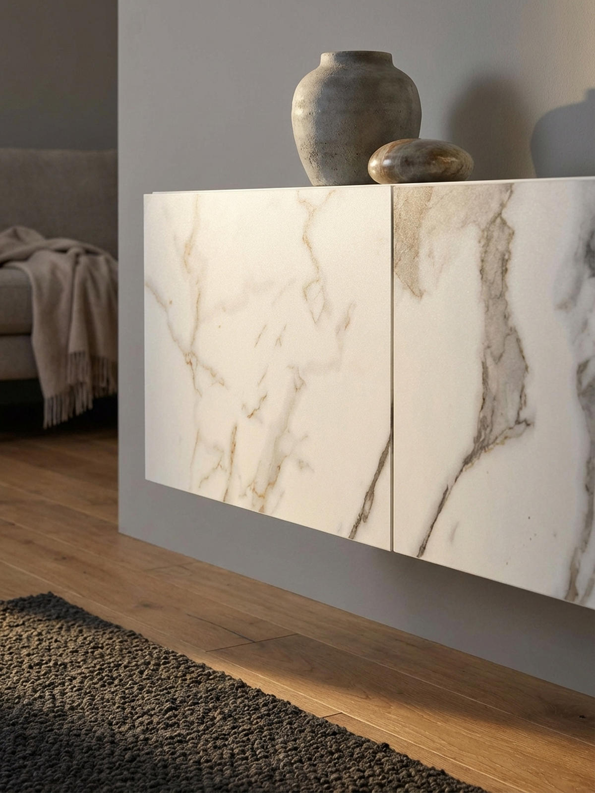 TV-LOWBOARD hängend groß, Marmor-Optik, Klapptüren, modern, Weiß 160x30x30 cm - Weiß, Metall (160/30/30cm) - KADIMA DESIGN