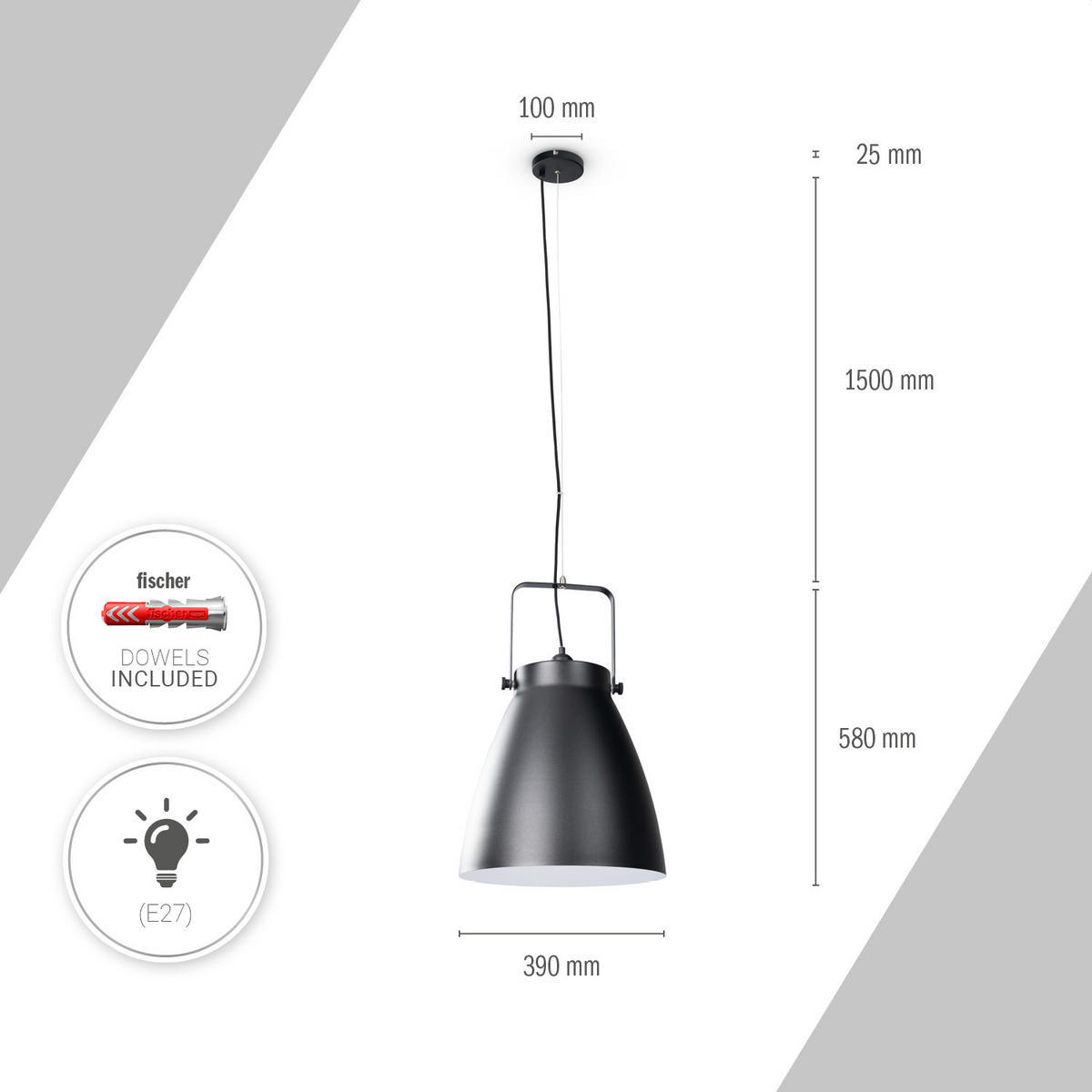 PENDELLEUCHTE Boone Pd - Schwarz, Metall (39/39/58.4cm) - Paco Home