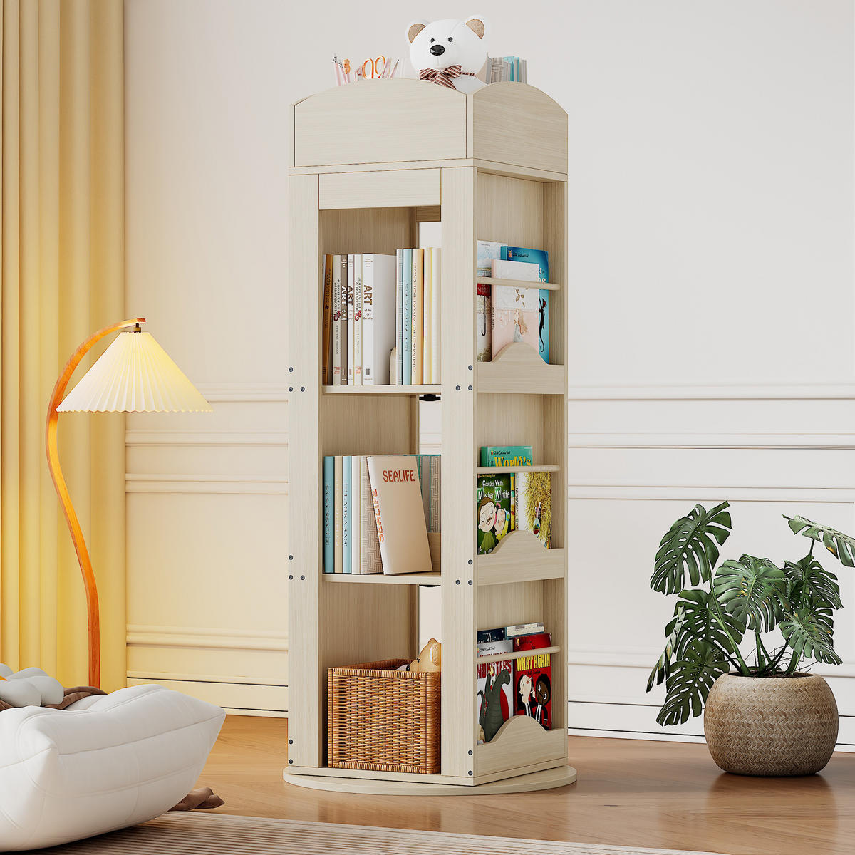 BÜCHERREGAL 142x63x63cm 360-Grad drehbar 4 Böden für Kinder Erwachsene - Naturfarben, Holz (63/142/63cm) - FLIEKS