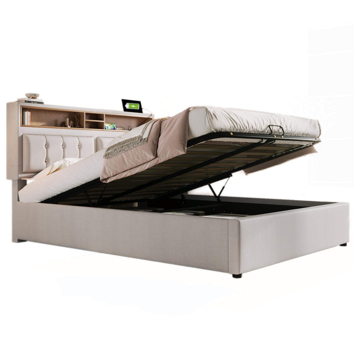 POLSTERBETT 160/200 cm Beige mit USB- und Type-C-Anschlüssen und verstellbarem Kopfteil - Beige, Textil (160/200cm) - OKWISH