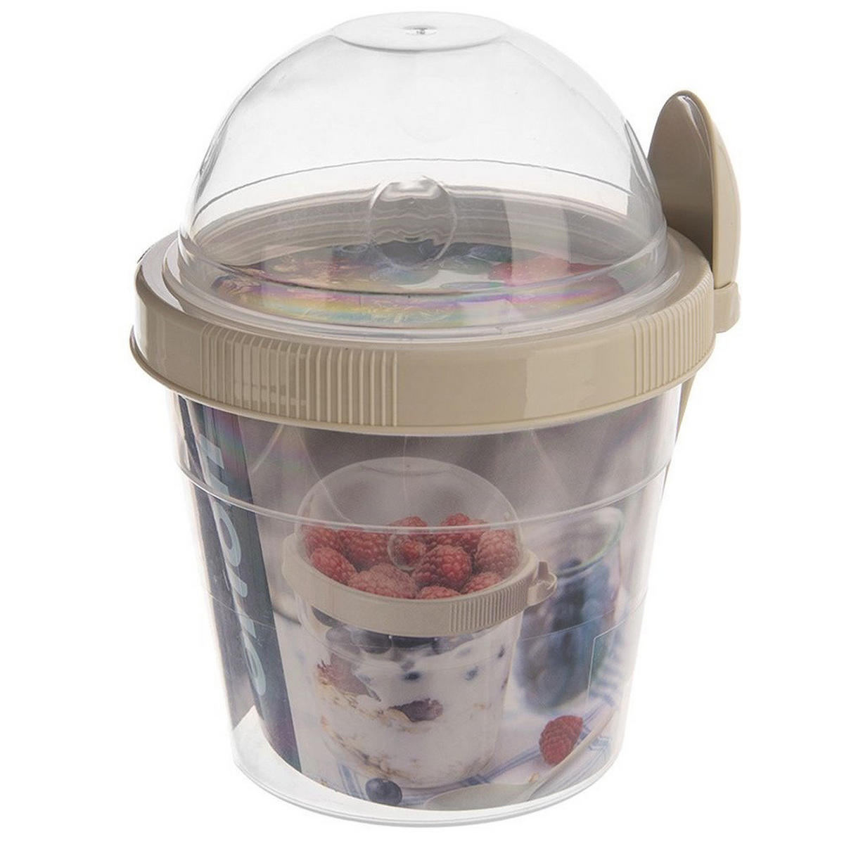 JOGHURTBECHER mit Löffel für die Lunchbox 400 ml - Cappuccino, Kunststoff (11.5/13.5/10.5cm) - Orion 