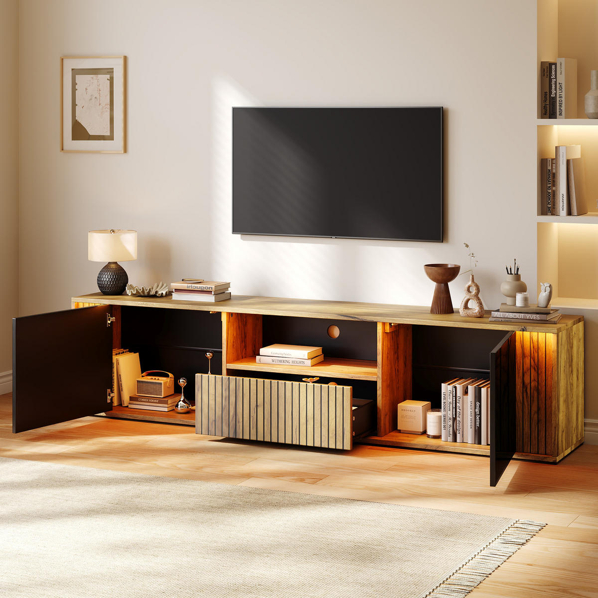 LOWBOARD DE-40468 mit LED und Streifen-Design Schwarz - Schwarz, Holzwerkstoff (180/51/40cm) - ComfortXL