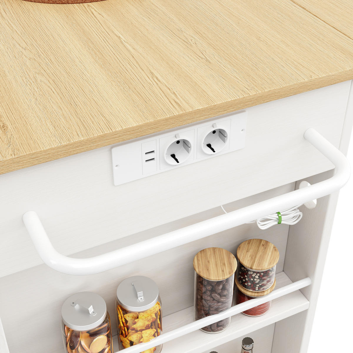 KÜCHENINSEL 151,5/84,7/91,7 cm Weiß/Natur aus MDF und Metall mit klappbarer Seite - Weiß, Holzwerkstoff (59.7/91.7/151.5cm) - OKMYHOME
