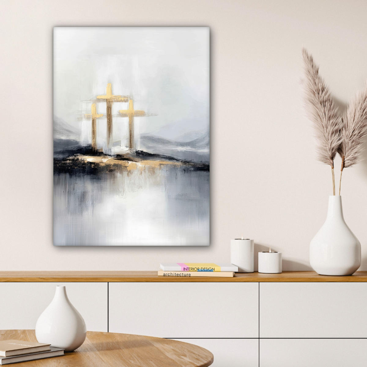 LEINWANDBILD Abstrakt - Malerei - Christentum - Kreuz Wandbild Wohnzimmer 60x80 cm - Weiß, Textil (60/80cm) - MuchoWow