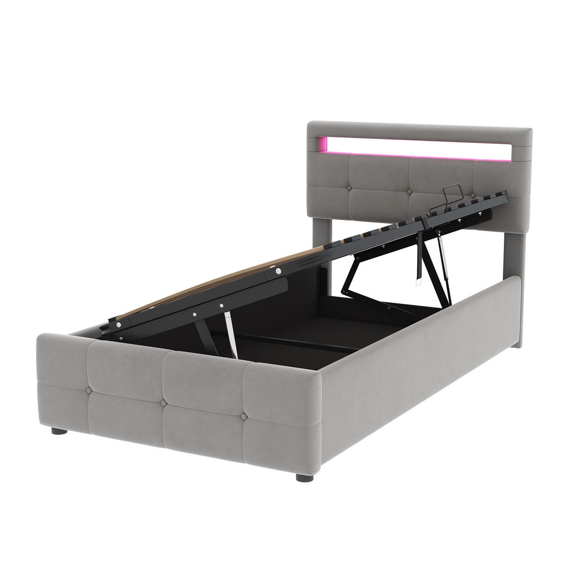 POLSTERBETT 90/200 cm Grau mit LED-Beleuchtung und hydraulischem Stauraum - Grau, Textil (90/200cm) - OKWISH