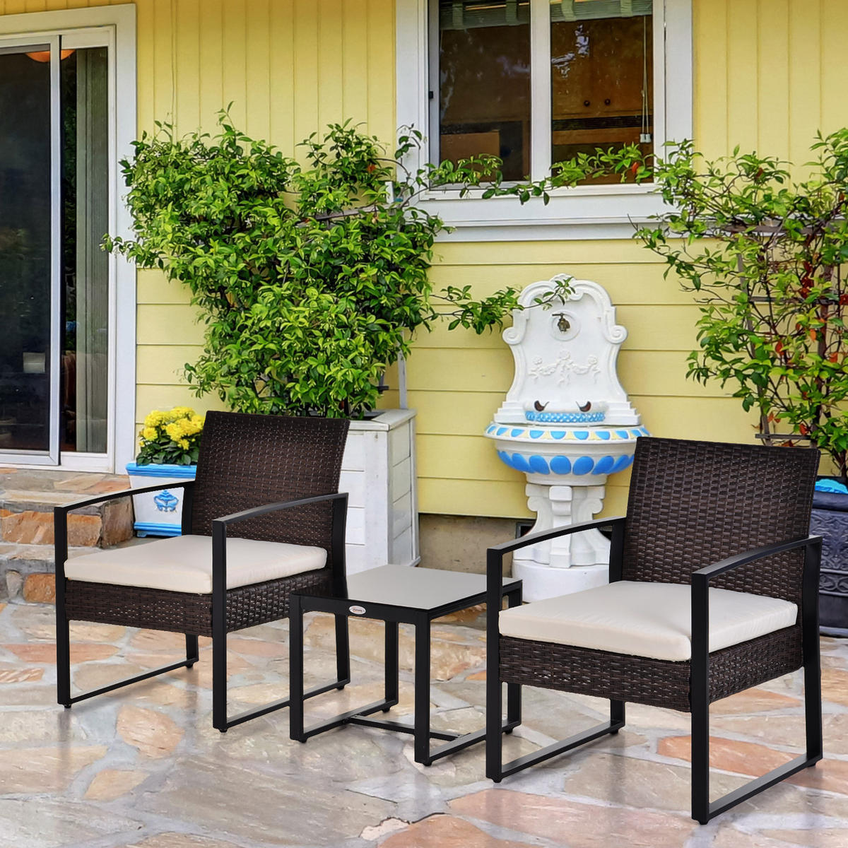 RATTAN Gartenmöbel Set mit Kissen Garten Braun+Creme - Braun, Kunststoff - Outsunny