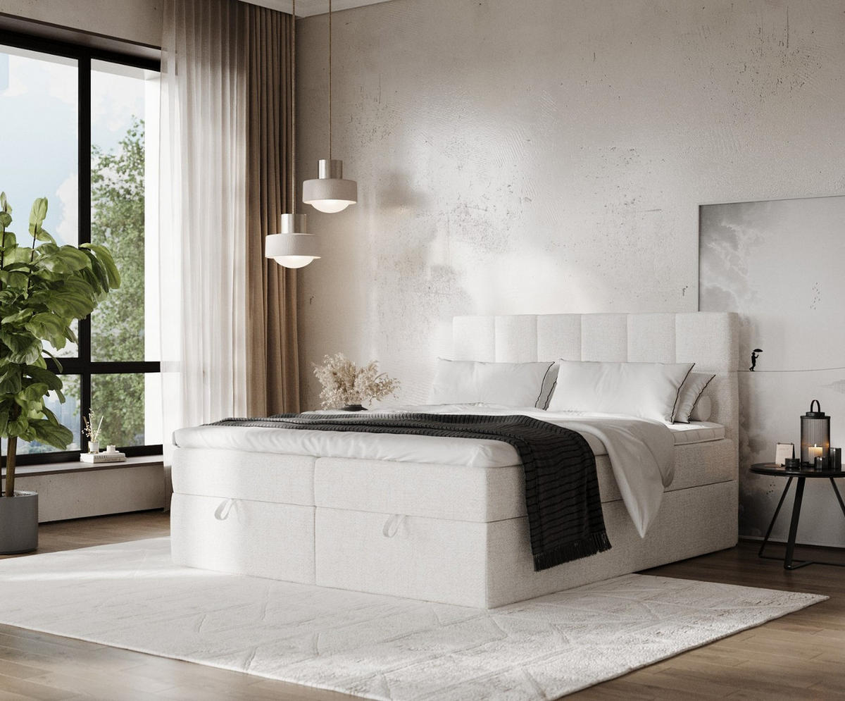 BOXBETT Savio 180/200 cm Creme im Neve Stoff - Creme/Schwarz, Holz/Holzwerkstoff (180/200cm) - AltaBeds