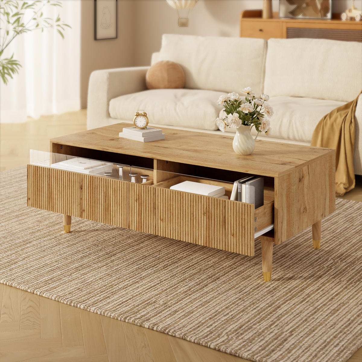 COUCHTISCH LED 2 Schubladen Holzoptik - Naturfarben, Holz (50/110/40cm) - Fortuna Lai