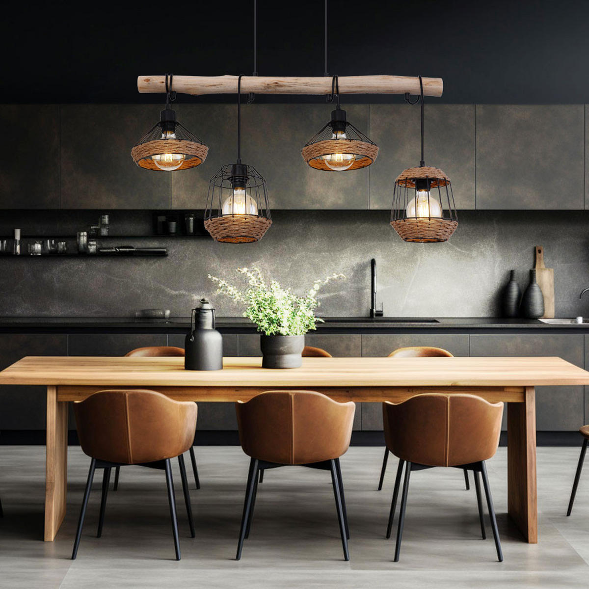 LED HÄNGELEUCHTE Hanfseil Braun Schwarz - Braun, Holz (105/21/120cm) - Globo Lighting