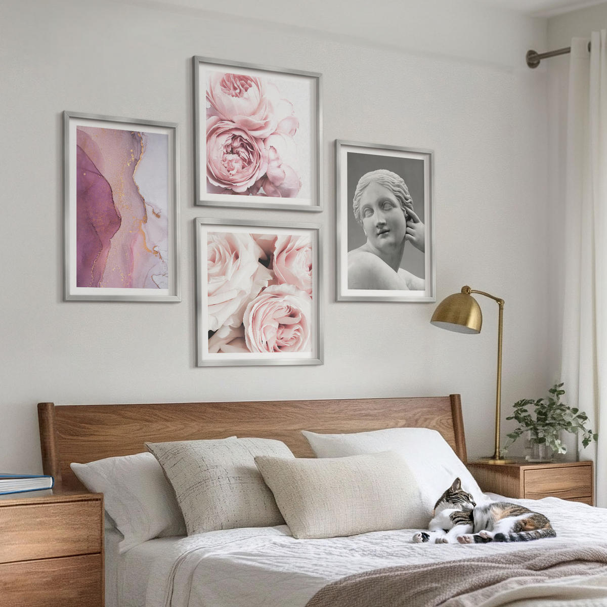 BILDER SET 4er Set - 50x50 cm & 40x60 cm Silberner Rahmen - Pfingstrosenskulptur einer Frau - Silberfarben, Kunststoff (50/50cm) - TULUP