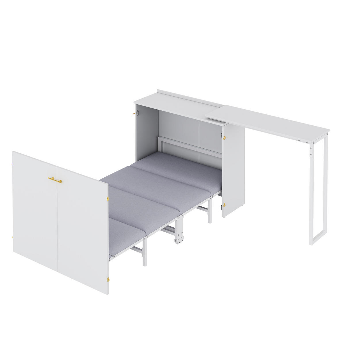 SCHRANKBETT 90/200 cm in Weiß mit drehbarem Schreibtisch, Rollen und Matratze - Weiß, Holzwerkstoff/Metall (90/200cm) - WISHDOR