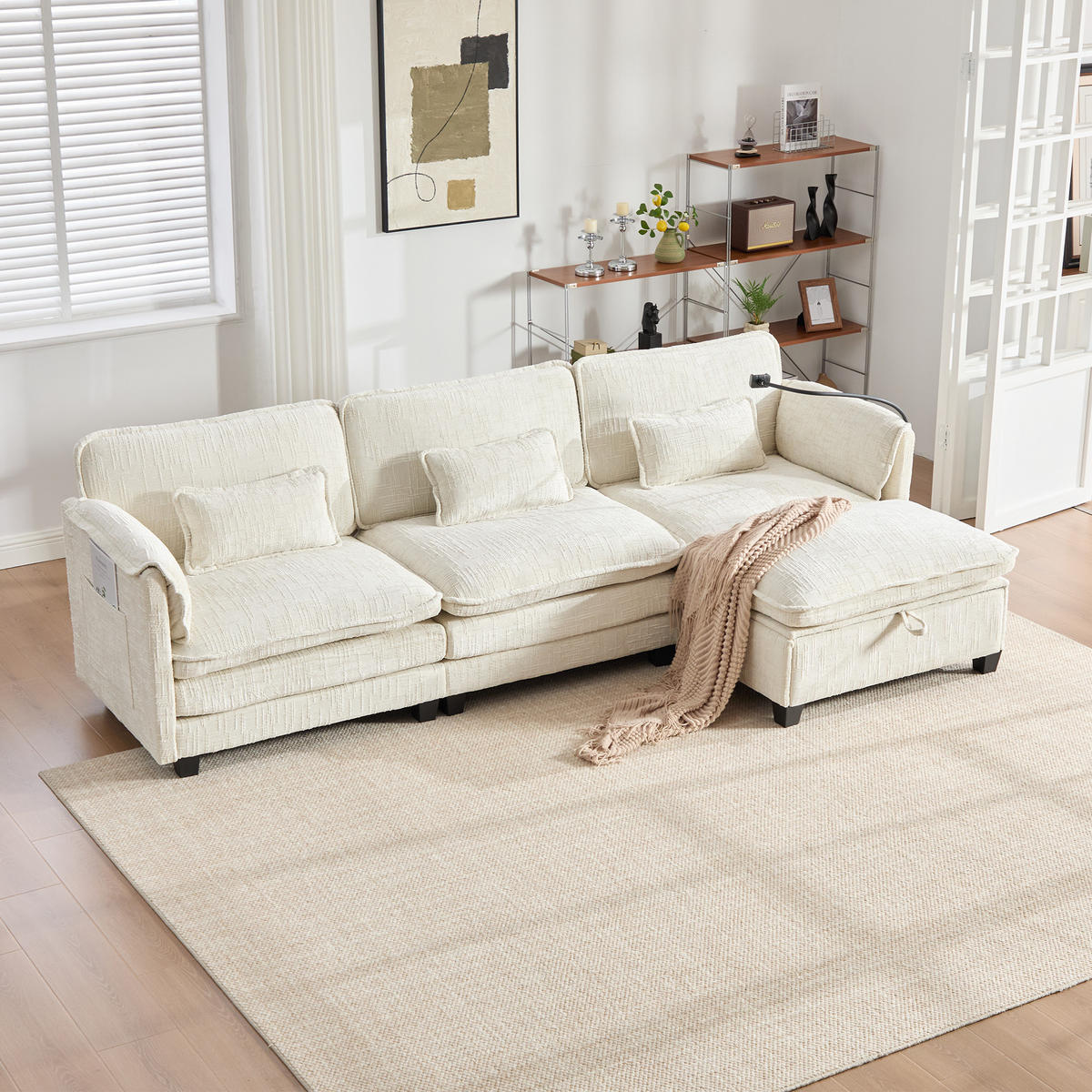 ECKSOFA mit USB-Anschluss und Hocker Chenille Beige 279/83/85 cm - Beige, Textil (279/83cm) - OKWISH