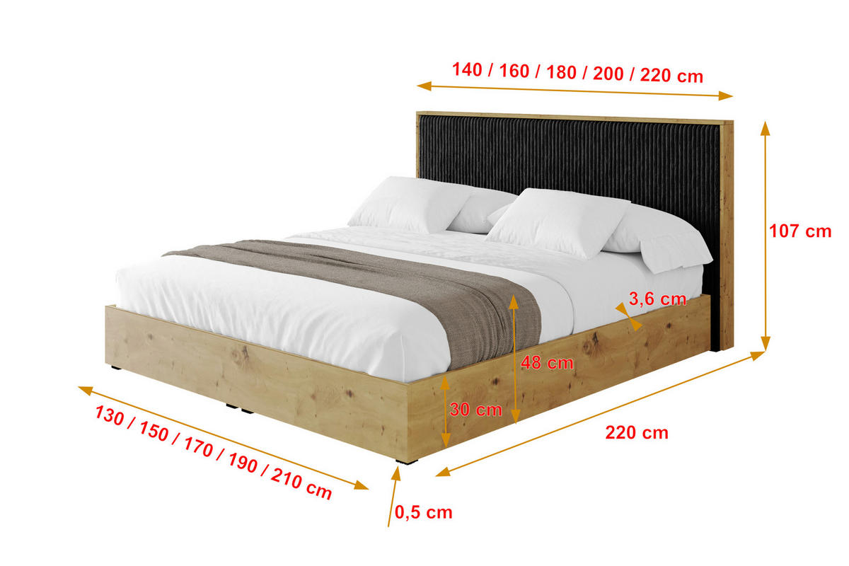 POLSTERBETT mit Bettkasten und Lattenrost, Boxbett mit Kopftei und Stauraum mit Matratze H3/H4 - ENZO10 160x200 Schwarz - Schwarz, Holzwerkstoff/Textil (160/200cm) - ALTDECOR