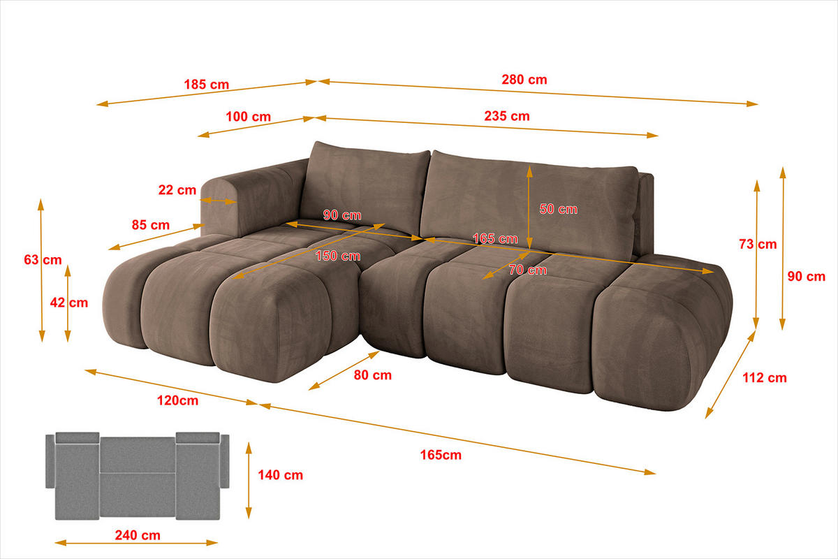 ECKSOFA Ottomane Links CLOUD-L 280x185x90 Braun Velours - Braun, Holzwerkstoff/Kunststoff (180/289cm) - ALTDECOR