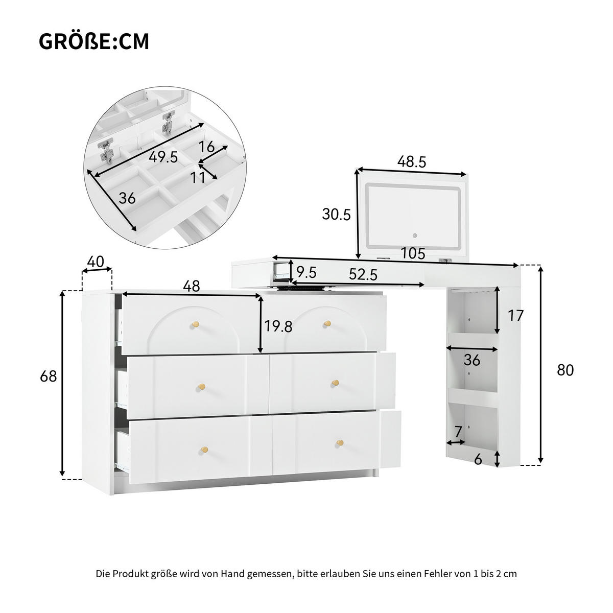 SCHMINKTISCH 2-in-1 Schreibtisch (drehbar) in Weiß mit LED-Spiegel & 7 Schubladen - Weiß, Holzwerkstoff (105/80/40cm) - Urban Meuble