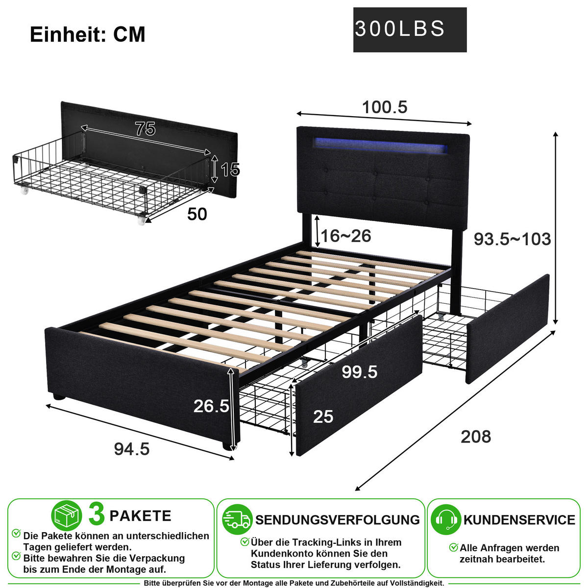 POLSTERBETT 90/200 cm in Schwarz Leinen mit 2 Schubladen, LED und Verstellbarem Kopfteil - Schwarz, Holzwerkstoff/Textil (90/200cm) - CHICFURN