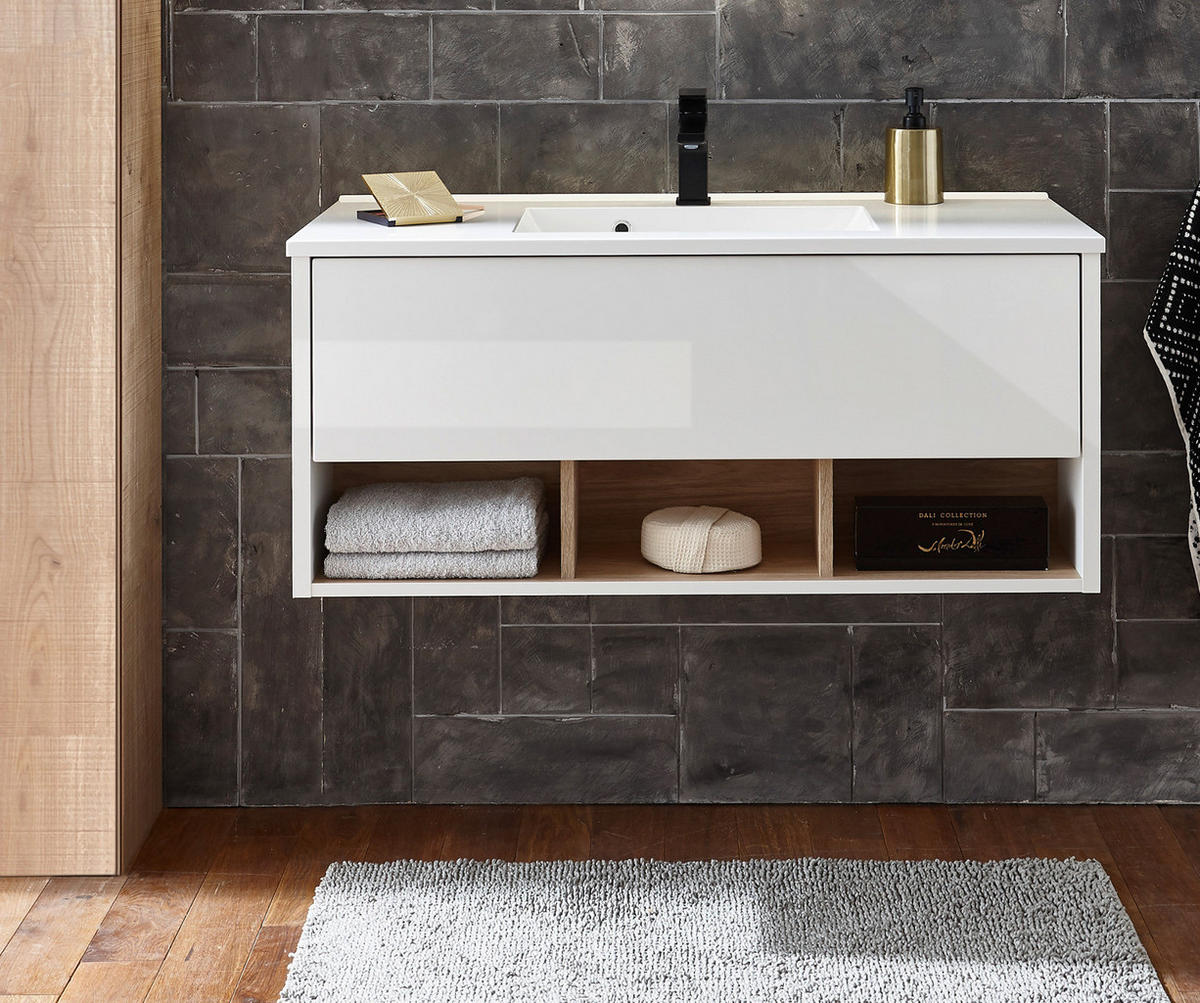 WASCHTISCH weiß Hochglanz und Eiche , Set Waschbeckenunterschrank inklusive Waschbecken, Breite 100 cm - Weiß Hochglanz/Eichefarben, Holzwerkstoff/Metall (100/44/47cm) - Furn.Design