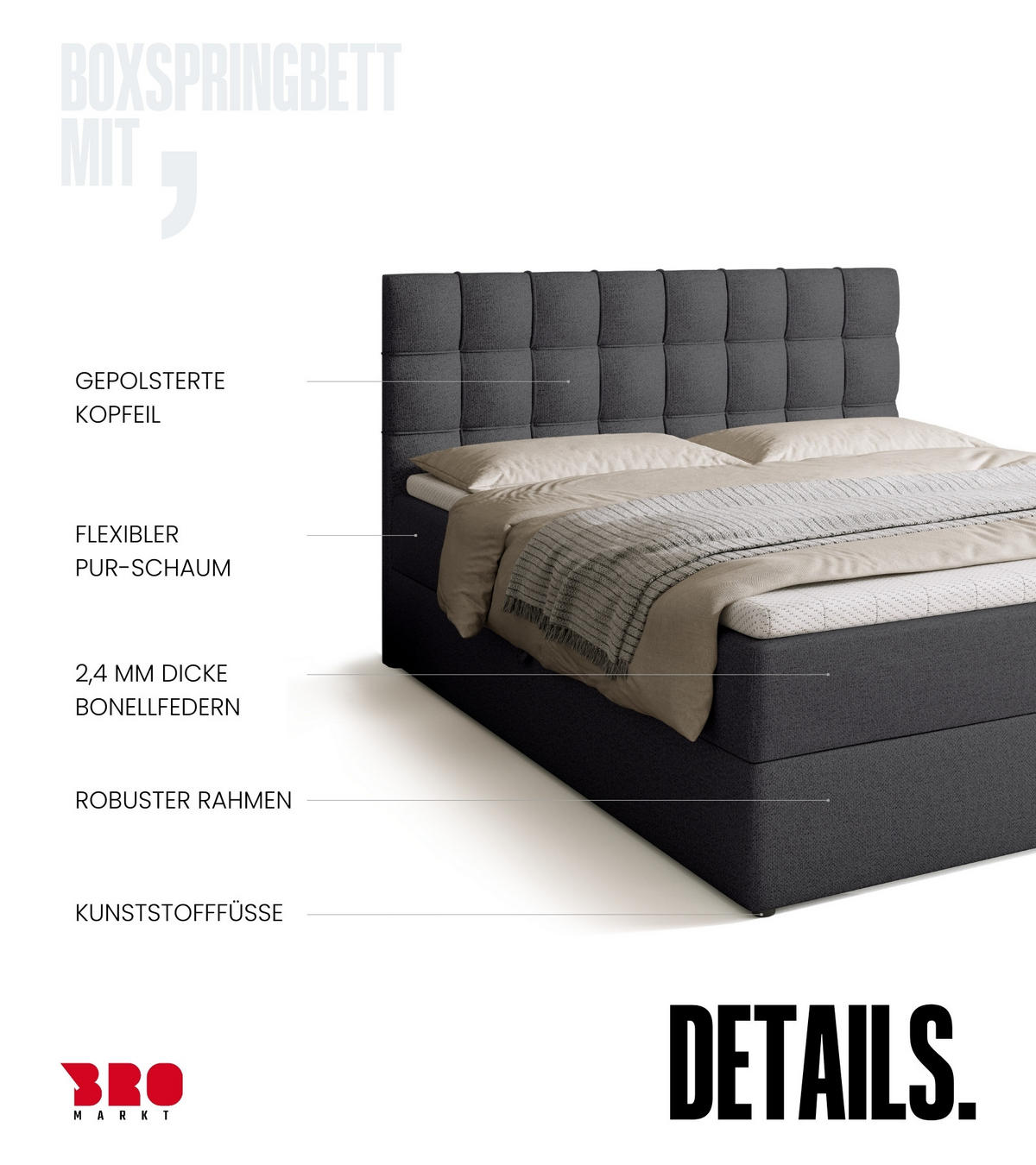 BOXBETT Detroit mit Topper 180/200 Dunkelgrau - Dunkelgrau, Textil (180/200cm) - Bromarkt