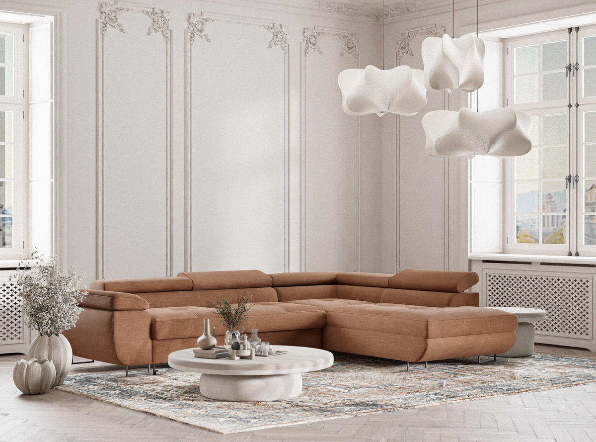 ECKSOFA Concord Hellbraun Chenille-Stoff - Rechts Seite - Hellbraun/Schwarz, Holz/Holzwerkstoff (277/203cm) - Maison de Reve