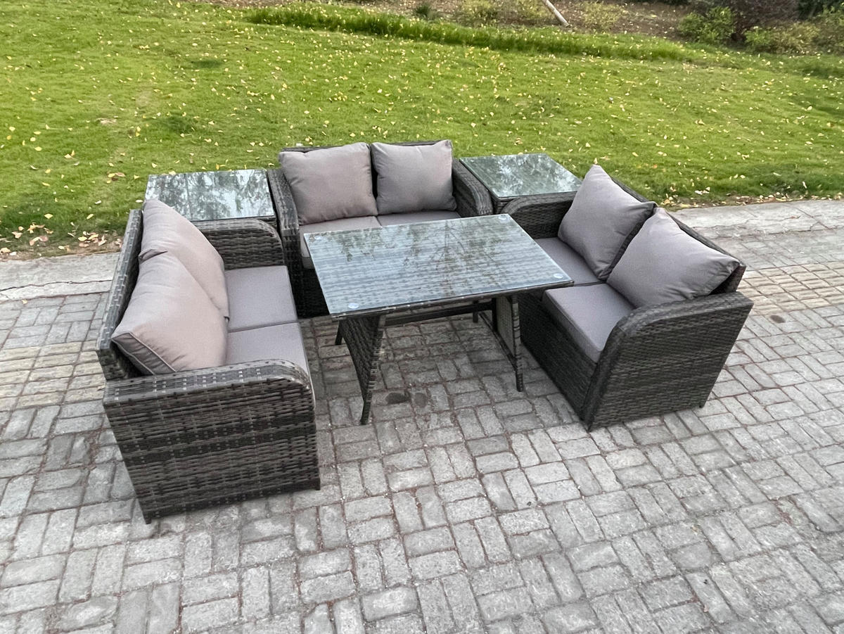 GARTENMÖBELSET mit ESSTISCH,SOFA Polyrattan 6-Sitzer - Dunkelgrau/Grau, Glas/Kunststoff - Fimous