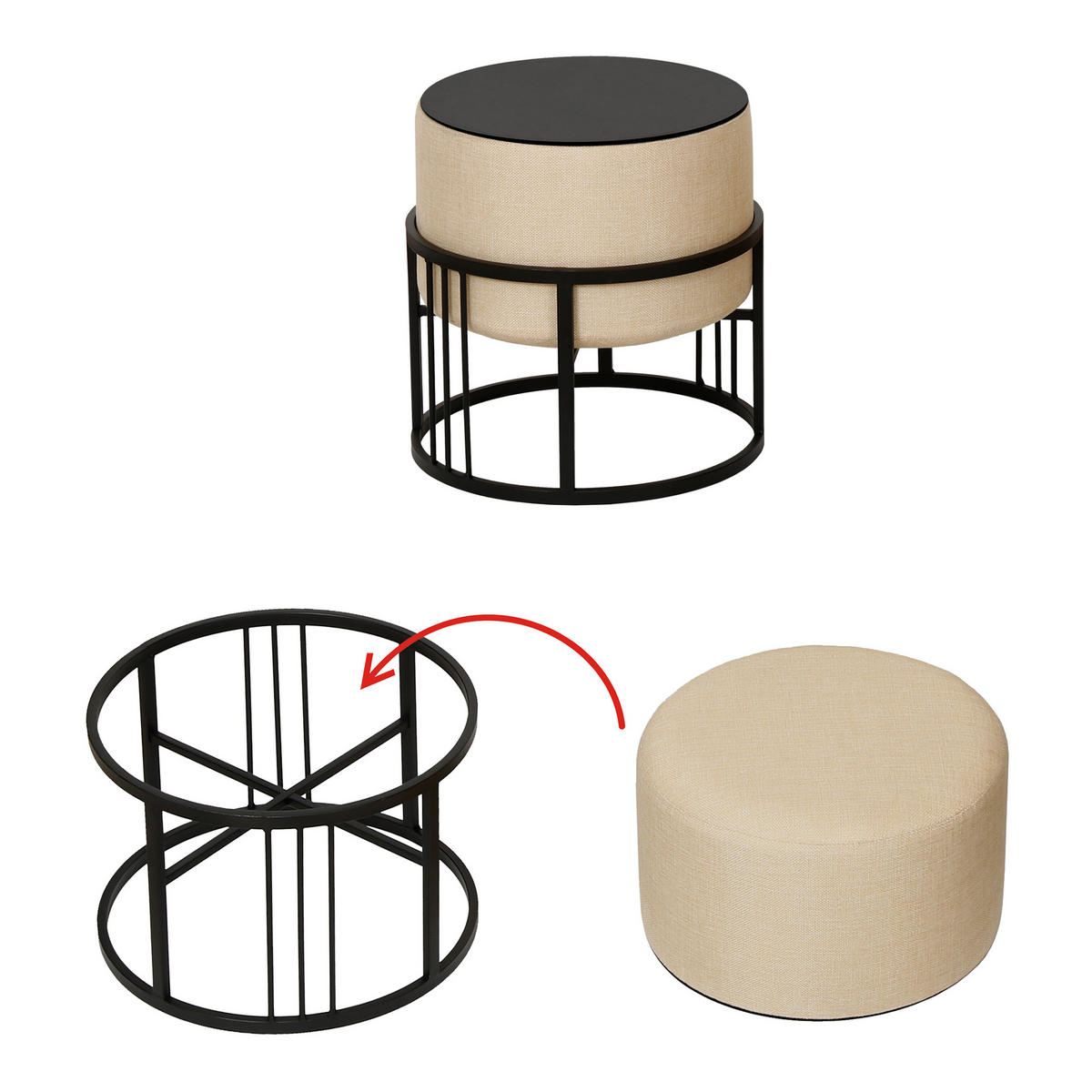 SADA STOLIČEK 2 KS. Tas - černá/béžová, kov/kompozitní dřevo (38/38/38cm) - [en.casa]