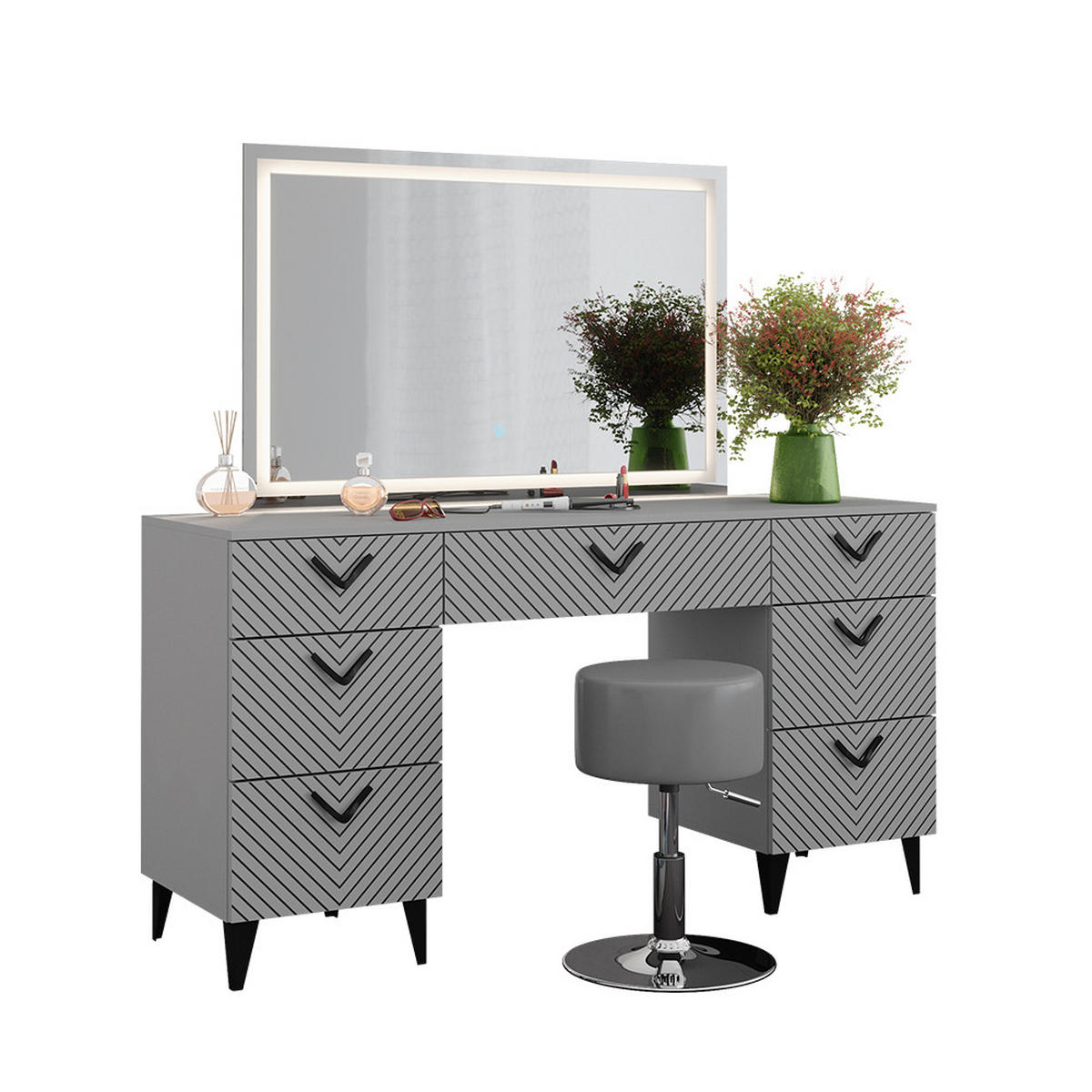SCHMINKTISCH Anett Grau 150 cm mit LED Spiegel und Hocker - Grau, Holzwerkstoff (150/78.1/45cm) - Vicco