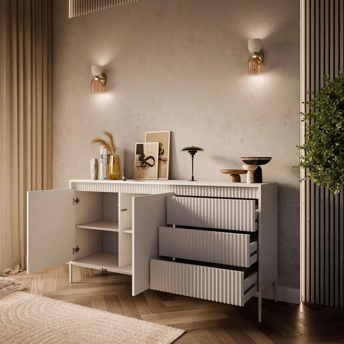 SIDEBOARD YASUMI 153 2D3S mit Schubladen beige - Beige, Holzwerkstoff (153.5/81.4/39.4cm) - Lookway