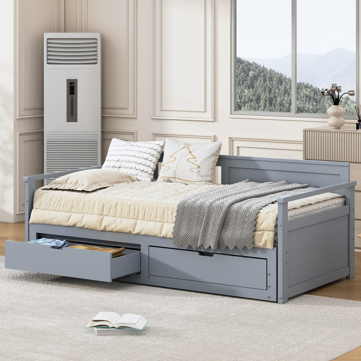 TAGESBETT Zwei-in-Eins 90/180/190 cm grau mit Schubladen aus Kiefer - Grau, Holz (180/190cm) - OKWISH