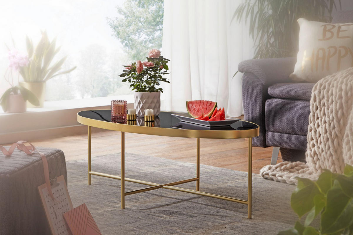 COUCHTISCH Oval in Schwarz/Gold, Glasplatte mit filigranem Metallgestell, Maße 110x56 cm - Goldfarben, Glas/Metall (56/110/40cm) - KADIMA DESIGN