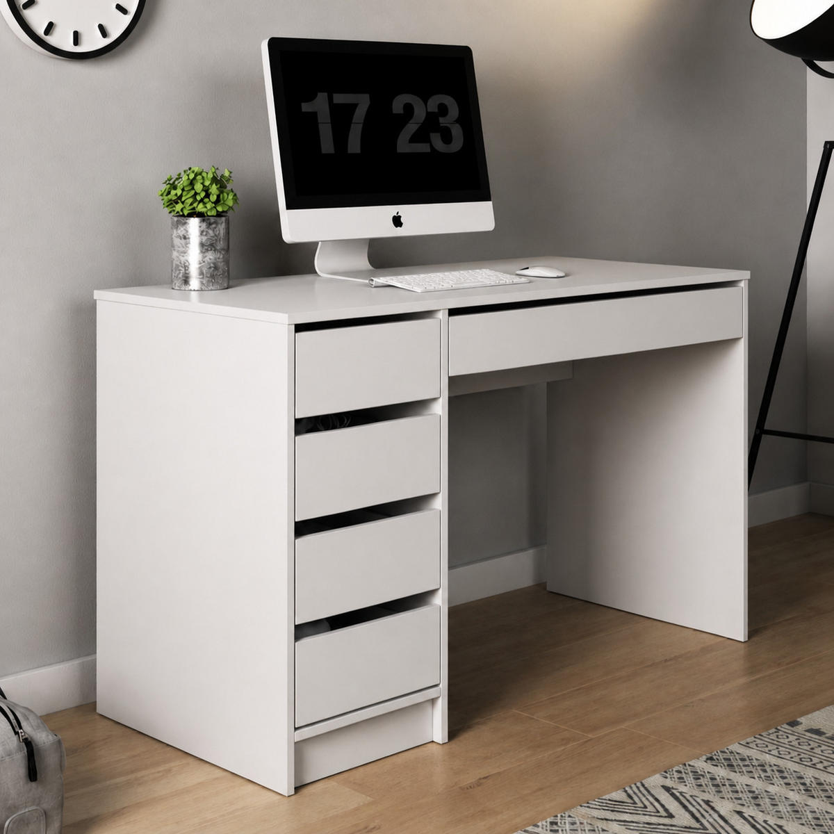 SCHREIBTISCH MIA 120 cm Weiß Matt - mit 5 Schubladen und griffloser Optik - Weiß, Holz/Holzwerkstoff (55/120/75cm) - Ravio