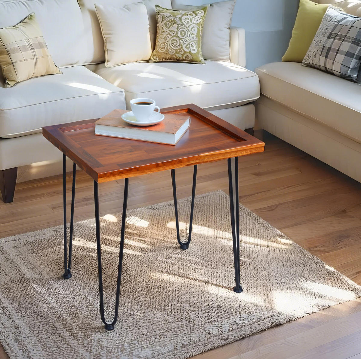 COUCHTISCH 55.5/45/53 cm Naturholz Mahagoni mit lackierten Eisenfüßen - Naturfarben, Holz (55.5/45/53cm) - OKWISH