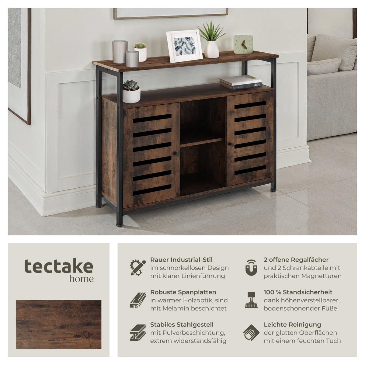 SIDEBOARD Warrington,mit höhenverstellbaren Kunststofffüßen, 100 x 37 x 82 cm,Industrial Holz dunkel, rustikal - Rostfarben, Holzwerkstoff (37/82/100cm) - tectake