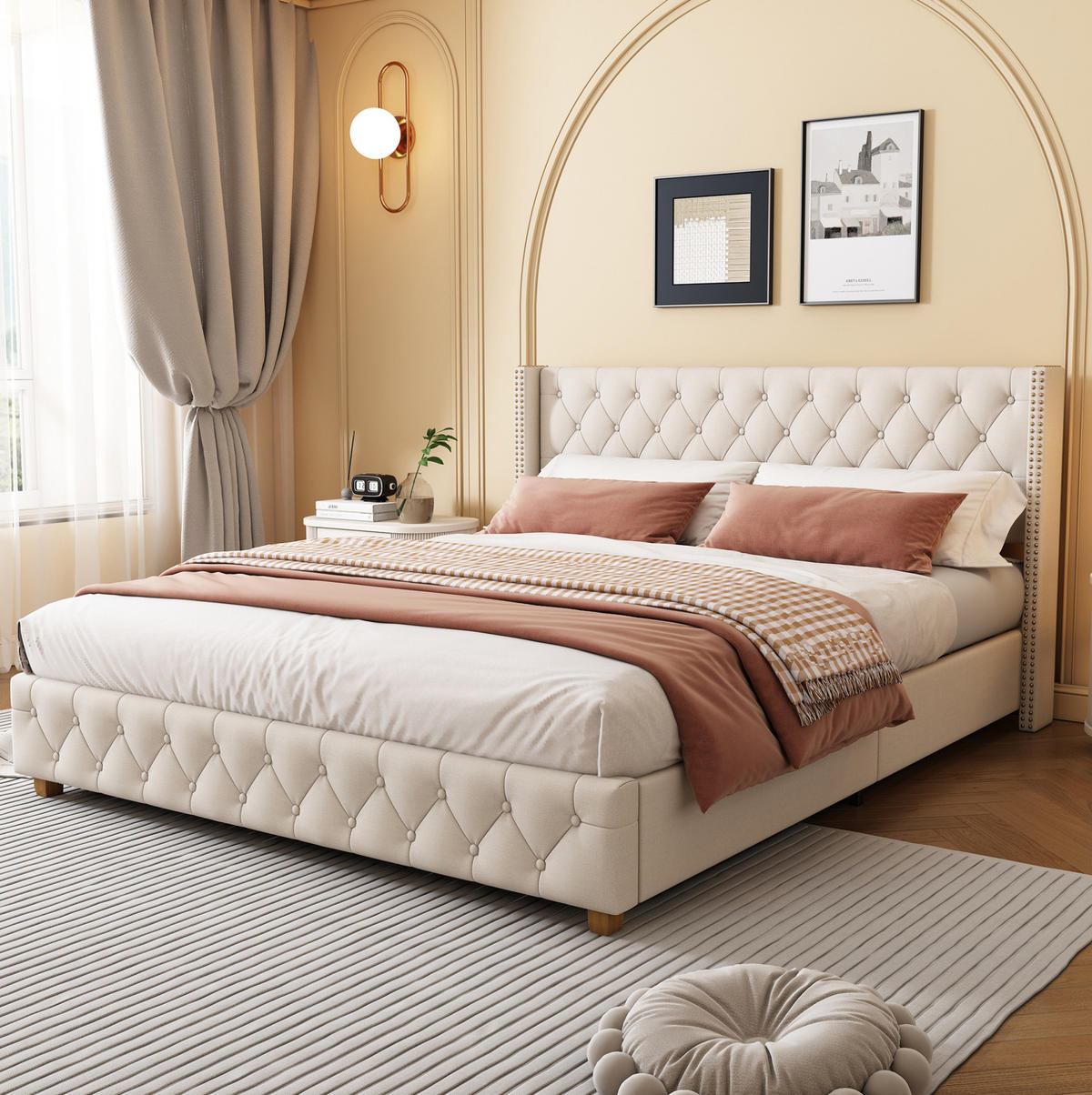 POLSTERBETT 160/200 cm Beige aus Leinen mit Knopfheftung - Beige, Textil (160/200cm) - OKMYHOME