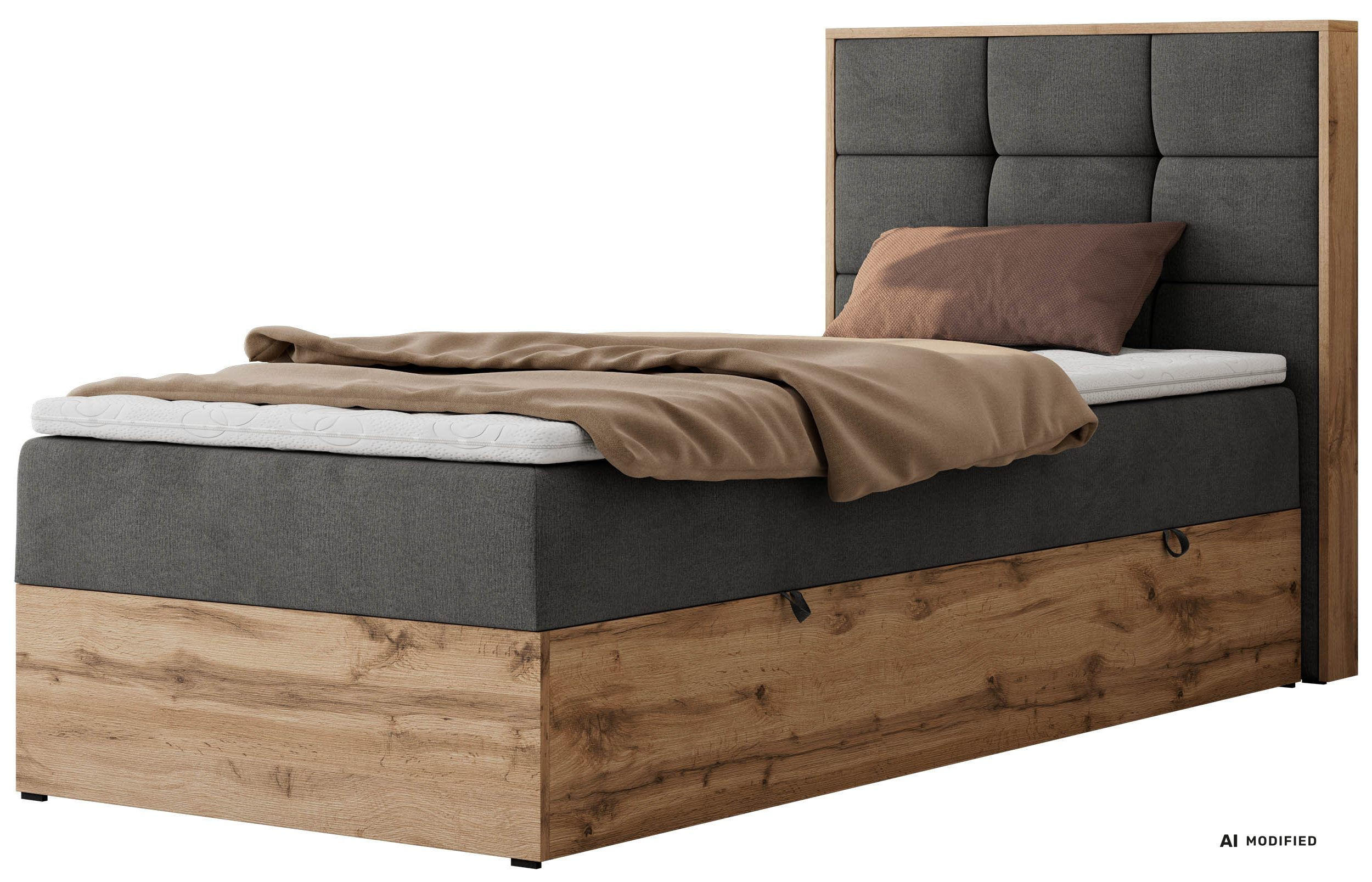 BOXBETT ALBERO 1 90/200 - Dunkelgrau Velvet - Topper Visco - H3 - Rechts - Dunkelgrau/Schwarz, Kunststoff/Textil (90/200cm) - MKS