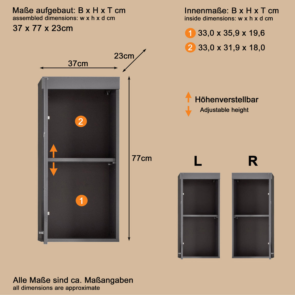 HÄNGESCHRANK grau Hochglanz 37 x 77 cm, Badschrank hängend - Grau, Holzwerkstoff/Kunststoff (37/77/23cm) - Top.Furn