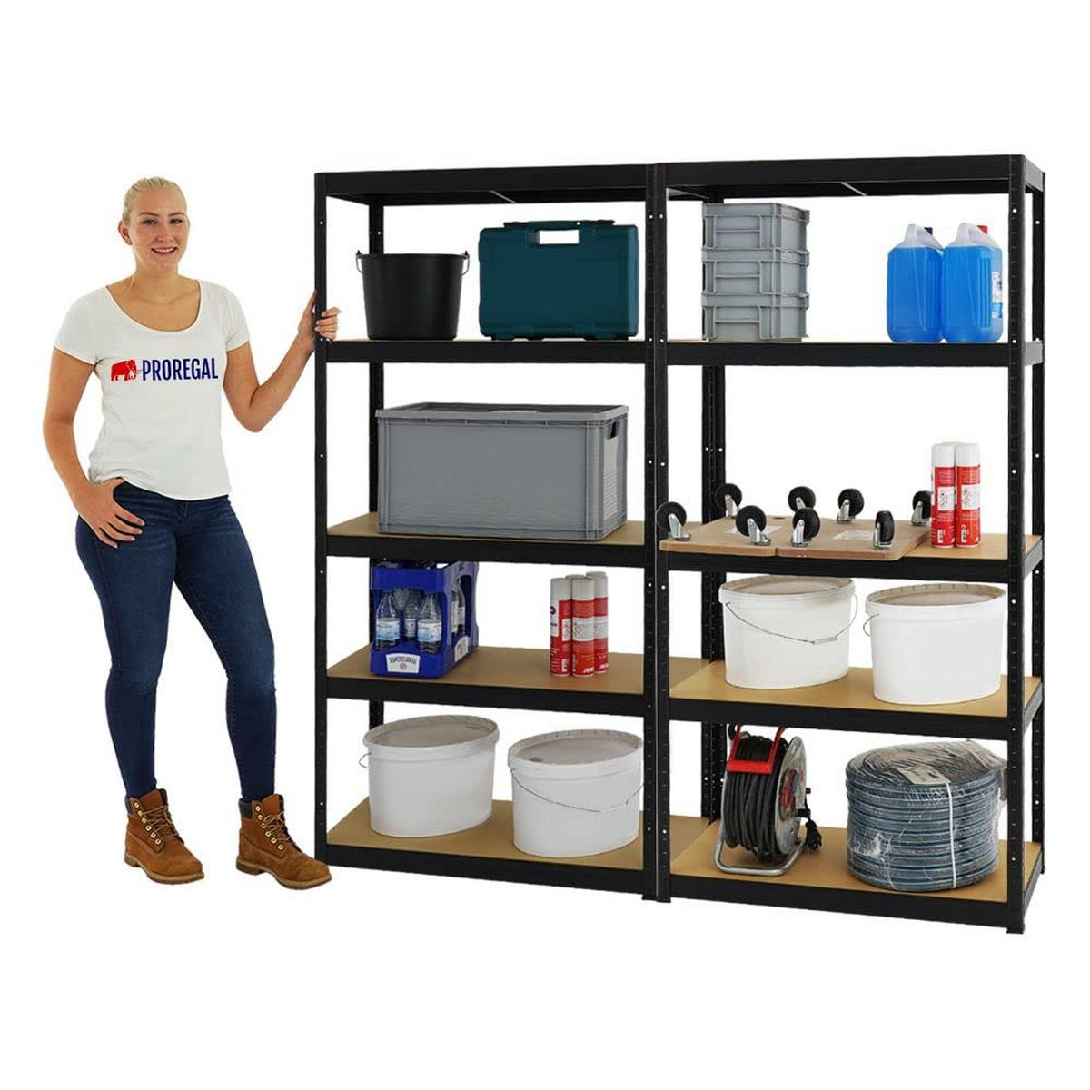 SCHWERLASTREGAL Slim Elephant S 2er-Set mit 2x 180x90x45 cm 5 Ebenen Fachlast 350 kg Schwarz - Schwarz, Metall (180/180/45cm) - PROREGAL
