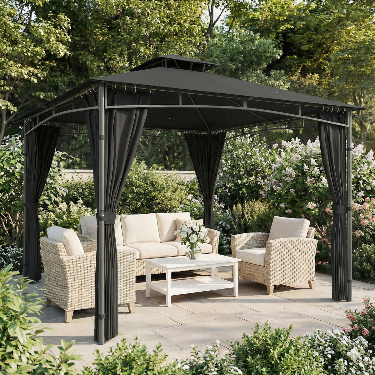 PAVILLON DE-12749 300/300 cm UV50+ wasserdicht mit Doppeldach Anthrazitgrau - Dunkelgrau, Metall (300/285/300cm) - ComfortXL