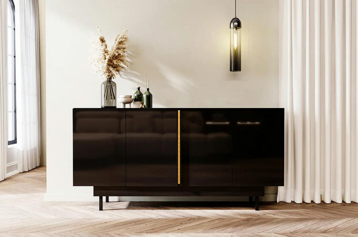 SIDEBOARD Artemisa Schwarz, goldener Akzent, Hochglanz - Schwarz Hochglanz/Schwarz, Holzwerkstoff/Metall (163/81/42cm) - Dancan