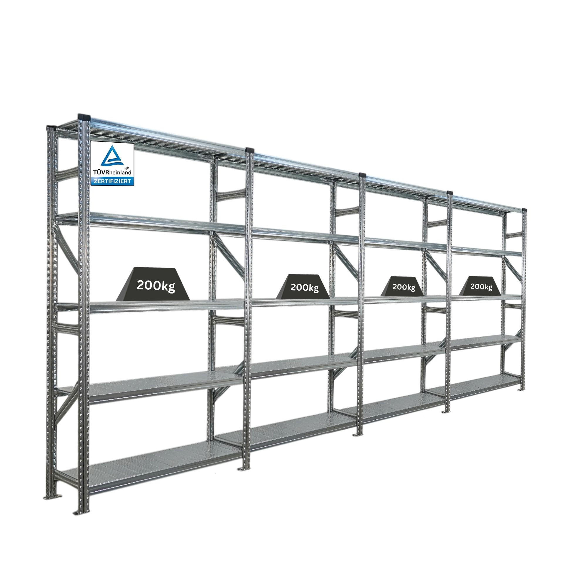 FACHBODENREGAL Proximo 200x480x32cm 5 Ebenen Fachlast 200 kg Beidseitig nutzbar Verzinkt - Silberfarben, Metall (480/200/32cm) - PROREGAL