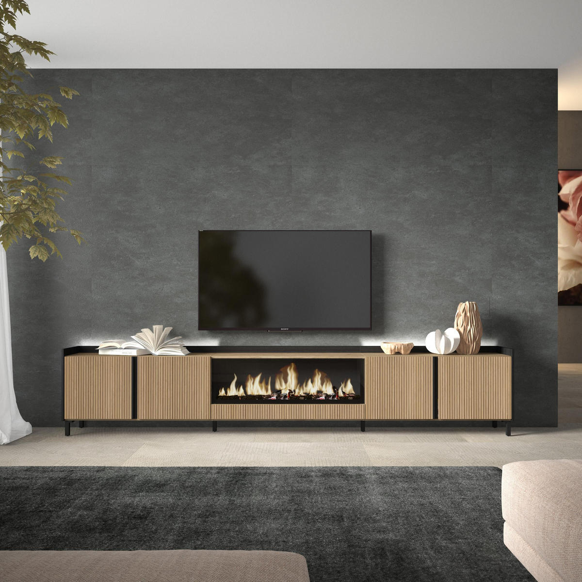 LOWBOARD, Eiche und Schwarz, 315/35/61cm, Elektrokamin XXL, Industriedesign, Led - Eichefarben, Holzwerkstoff (315/61/35cm) - Skraut Home