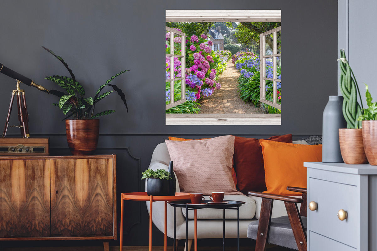 WANDTATTOO Hortensie - Fensterblick - Blumen - Sommer - Lila - Weg 50x50 cm - Lila, Kunststoff (50/50/0.1cm) - MuchoWow